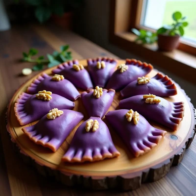 Empanadas argentinas de masa morada oscura made de camote, rellenas de espinacas y queso azul, doradas al horno y servidas en bandeja de madera con nueces picadas por encima.