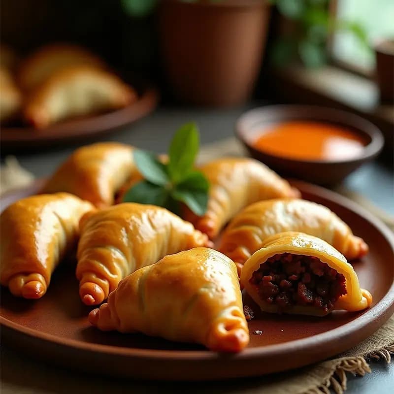 Empanadas doradas y crujientes de masa de cochino negro cubanas, servidas en plato de madera rústico con hierbas frescas y salsa de mojo al lado, receta airfryer.