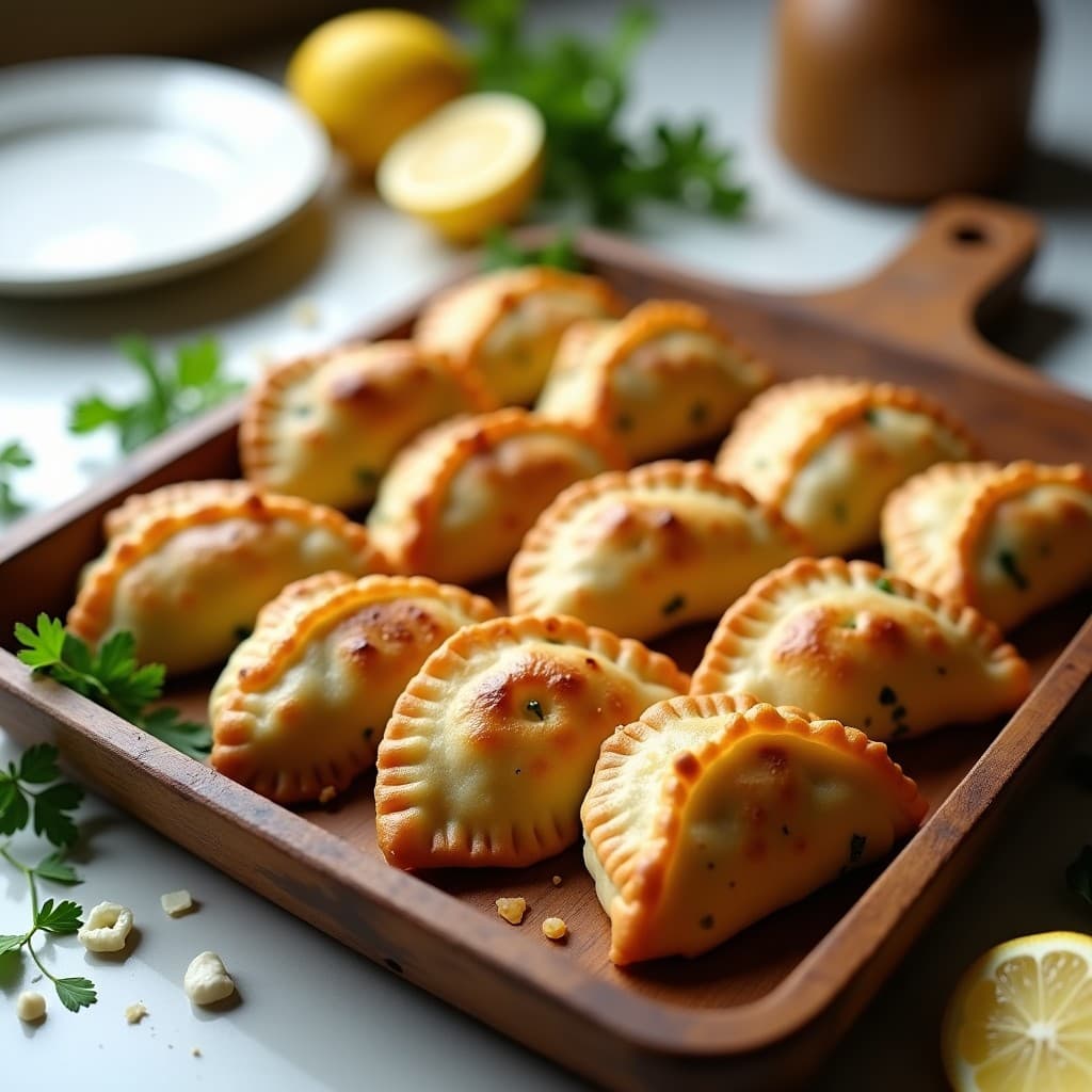 Empanadas doradas y crujientes de masa de garbanzo rellenas de espinacas y feta, servidas en una bandeja de madera con hojas de perejil fresco y rodajas de limón al lado.