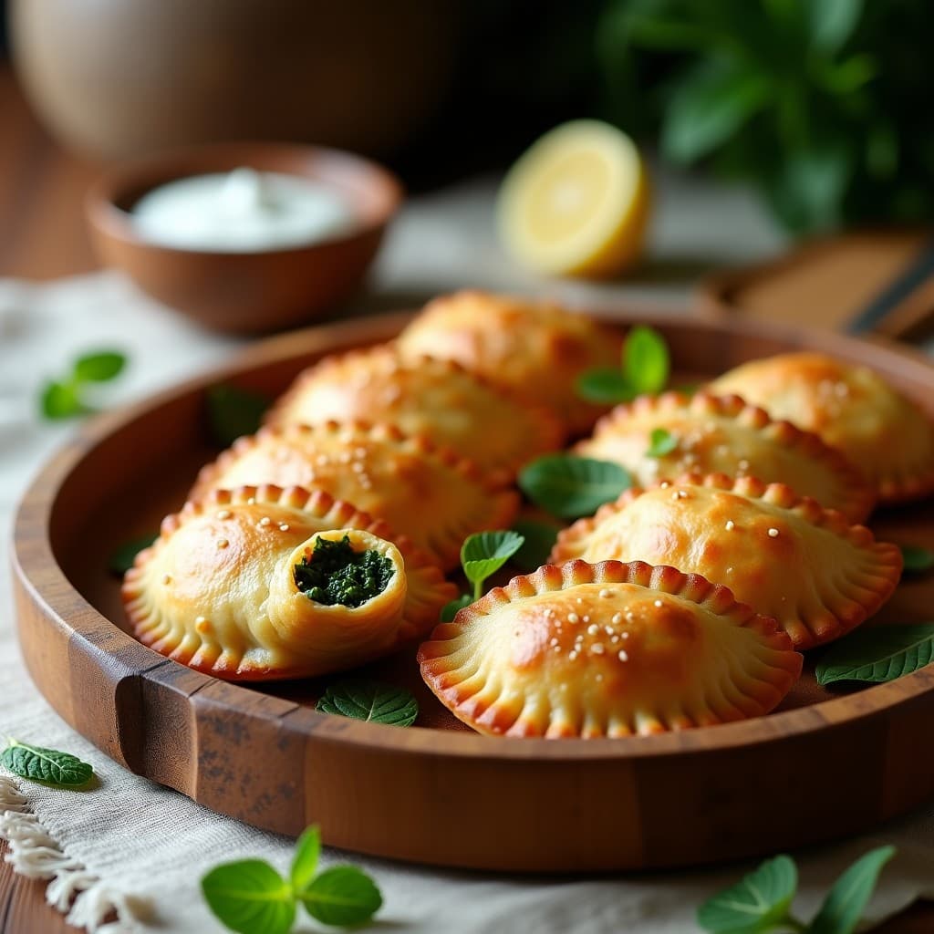 Empanadas sefardíes de masa de garbanzo doradas al horno, rellenas de espinacas y piñones, con semillas de sésamo espolvoreadas y servidas en una bandeja de madera rústica con hierbas frescas.