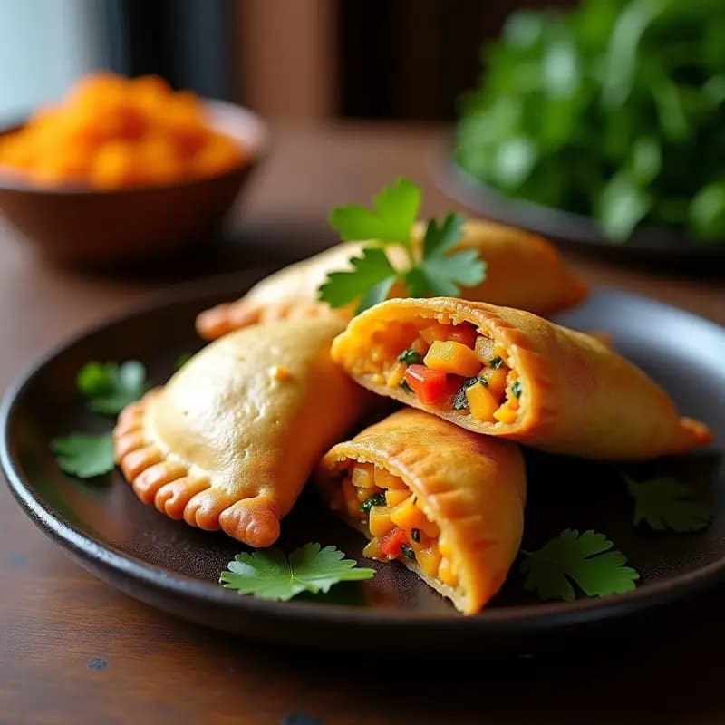 Empanadas peruanas de masa morada vibrante rellenas de raíces andinas (batata, yuca y zanahoria) con ají amarillo, horneadas y doradas, servidas en plato rústico con decoración de cilantro fresco.