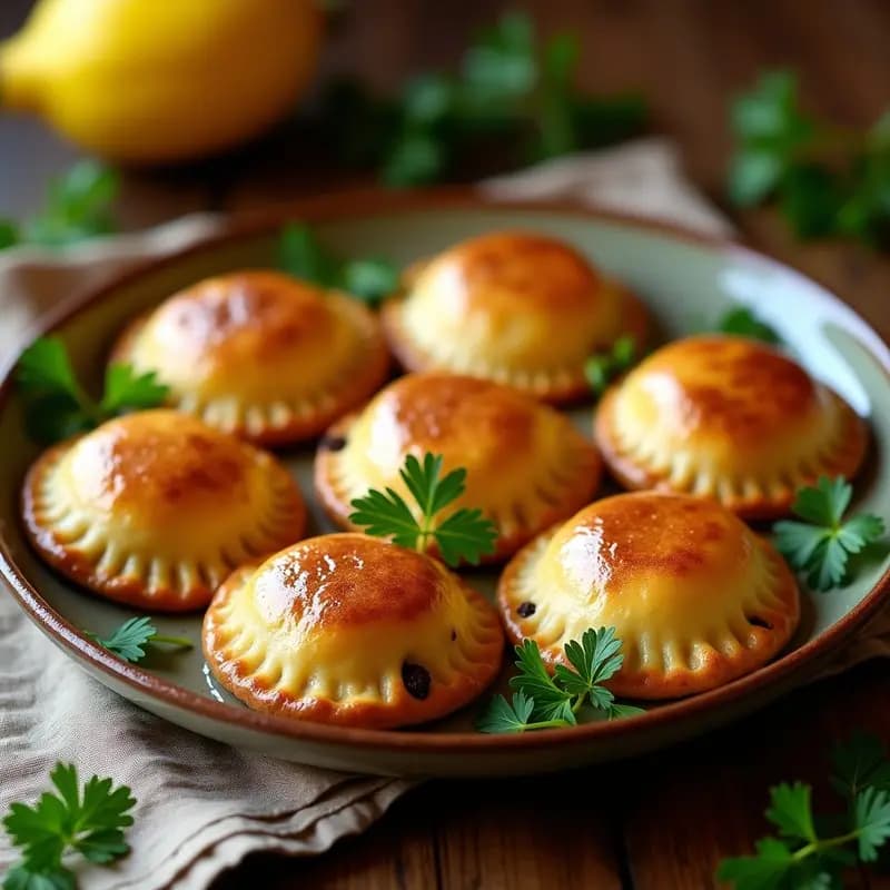 Empanadas canarias de masa de plátano verde doradas y crujientes, rellenas de carne de jabalí especiada, servidas en un plato de barro con mojo verde al lado.
