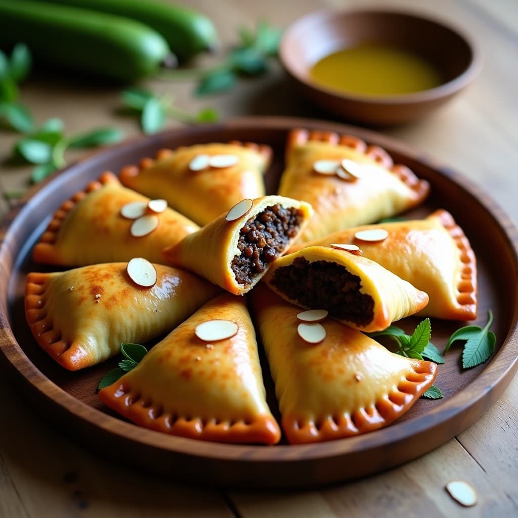 Empanadas veganas de masa de plátano verde doradas al horno, rellenas de picadillo de berenjena, dispuestas en bandeja de madera con hojas de cilantro fresco y rodajas de limón como decoración.
