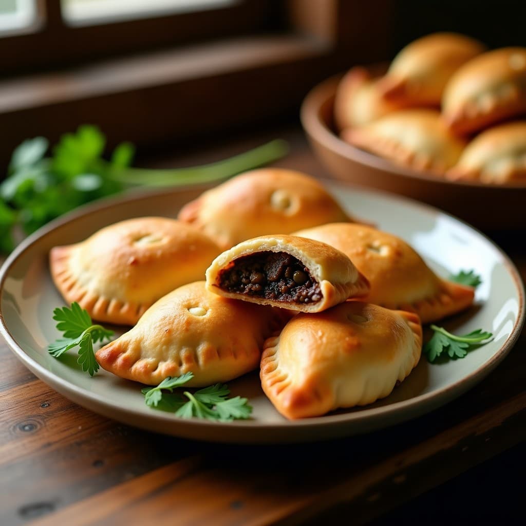 Empanadas doradas y crujientes de masarepa rellenas de champiñones y pimentón de la Vera, dispuestas en una canasta de airfryer con hierbas frescas al lado. Receta colombiana vegana.