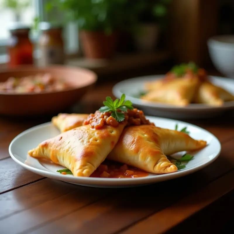 Empanadas doradas y crujientes rellenas de mashua y espinacas, servidas en plato de barro con salsa verde de huacatay al lado, receta peruana en olla express.