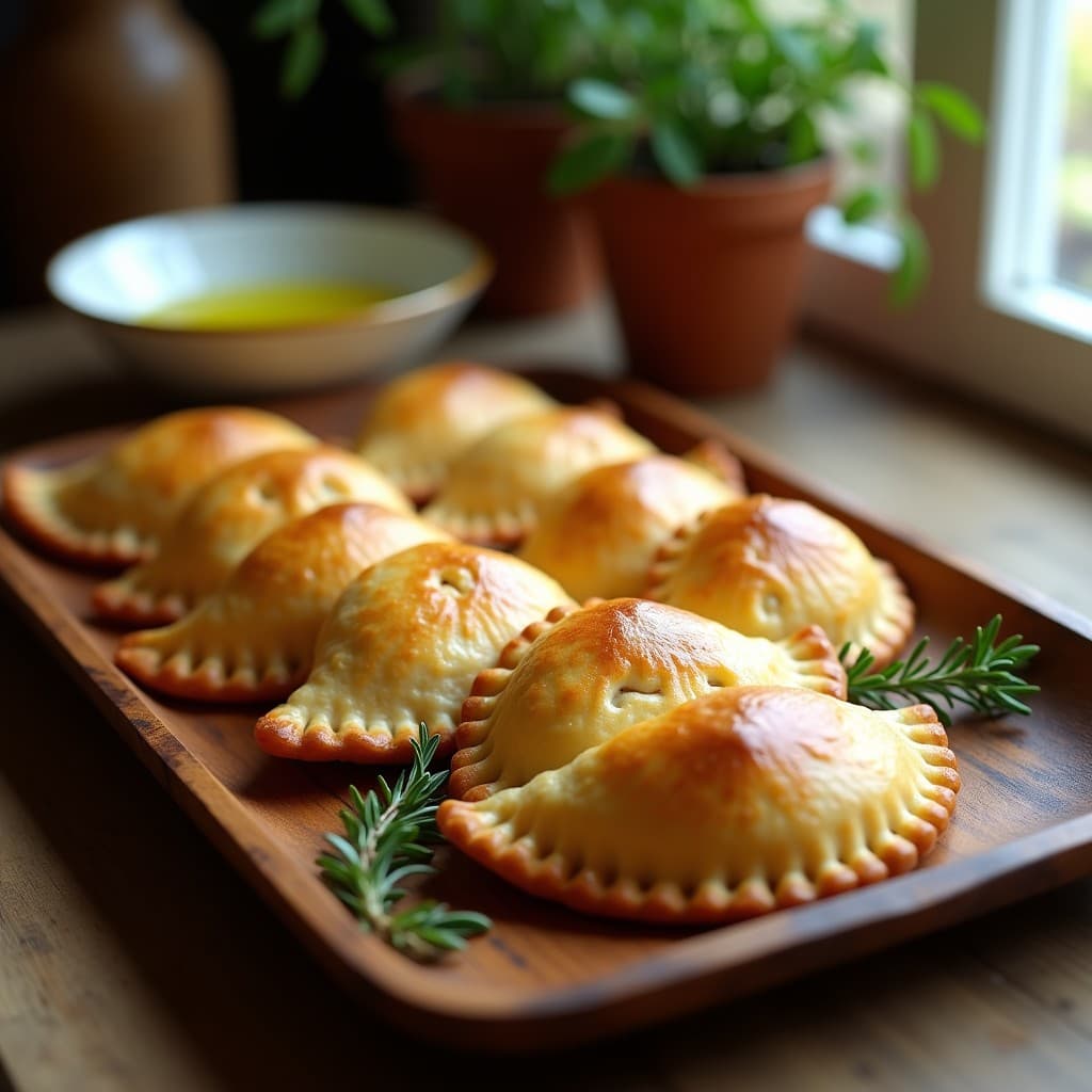 Empanadas doradas y crujientes de mijo con relleno de setas y calabacín, servidas en una bandeja de madera rústica con hierbas frescas al lado. Receta sin gluten y vegana.
