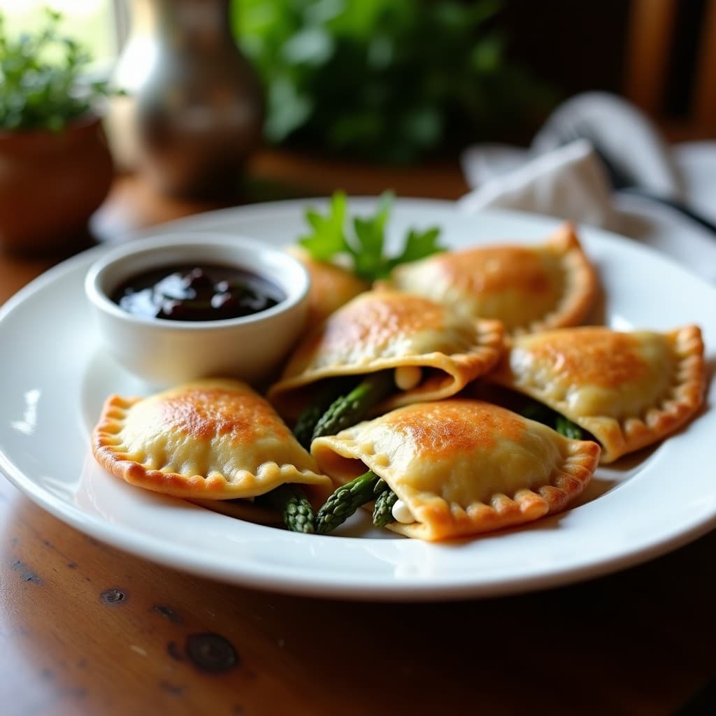 Empanadas doradas de mijo rellenas de espárragos trigueros, servidas en una bandeja de madera rústica con un cuenco de salsa de ajo negro oscura y brillante. Receta sin gluten de cocina española.