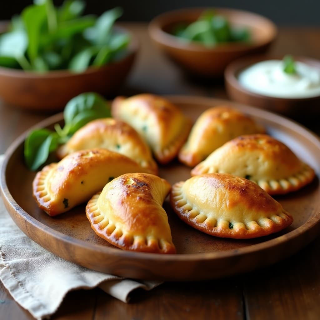Empanadas doradas y crujientes de mijo rellenas de espinacas, con bordes perfectamente sellados, servidas en un plato de madera rústico con hojas de espinaca fresca como decoración. Receta sin gluten y rica en fibra en Airfryer.