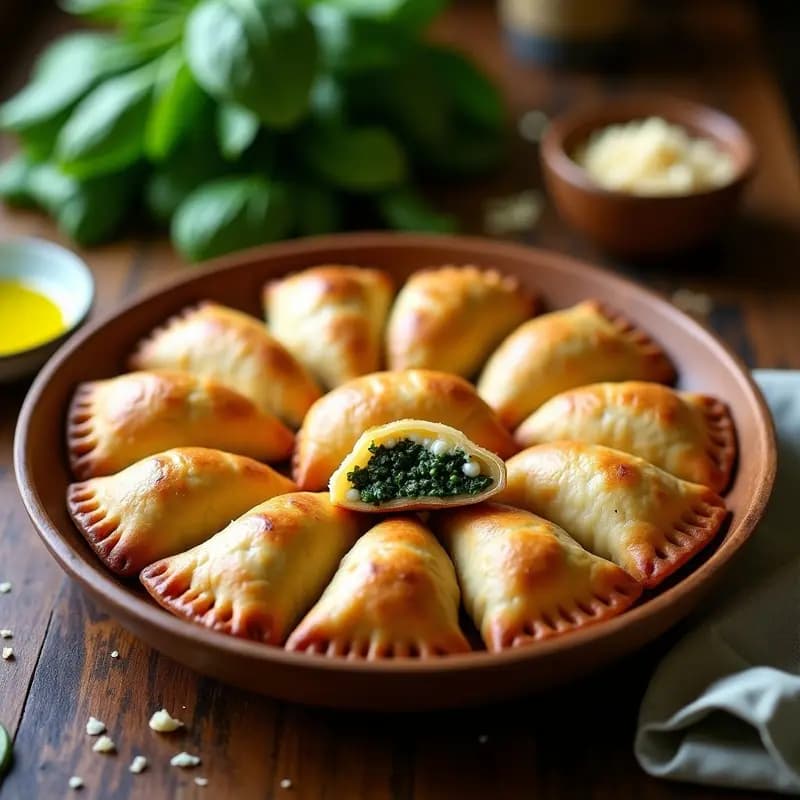 Empanadas doradas y crujientes de mijo rellenas de espinacas y queso de soja sobre una bandeja de madera rústica, con un fondo de hierbas frescas y un toque de aceite de oliva. Receta argentina sin gluten.