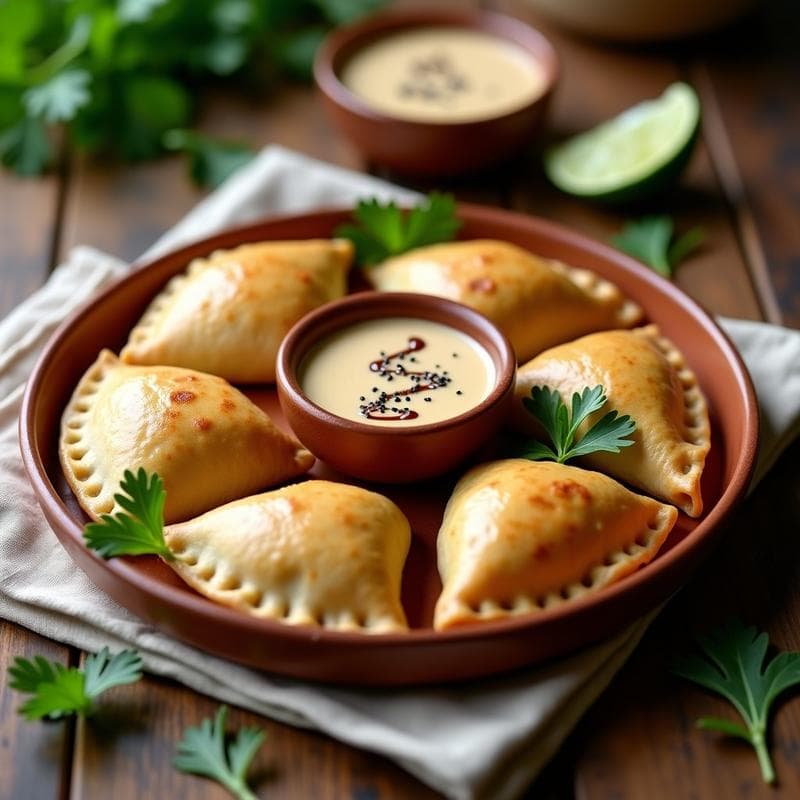 Empanadas doradas de mijo y espinacas servidas en un plato de barro, acompañadas de salsa de tahini cremosa y semillas de sésamo espolvoreadas, receta vegana en olla express.