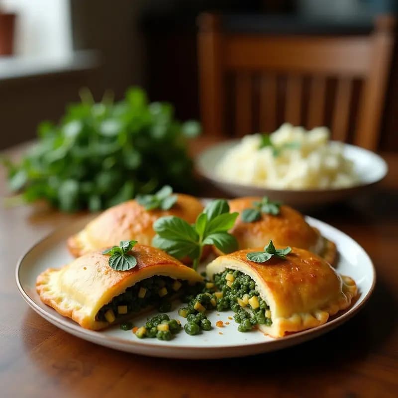 Empanadas doradas y crujientes de mijo con espirulina, rellenas de champiñones shinji, servidas en un plato de madera con semillas de sésamo espolvoreadas. Receta japonesa en airfryer, alta en proteína y sin gluten.