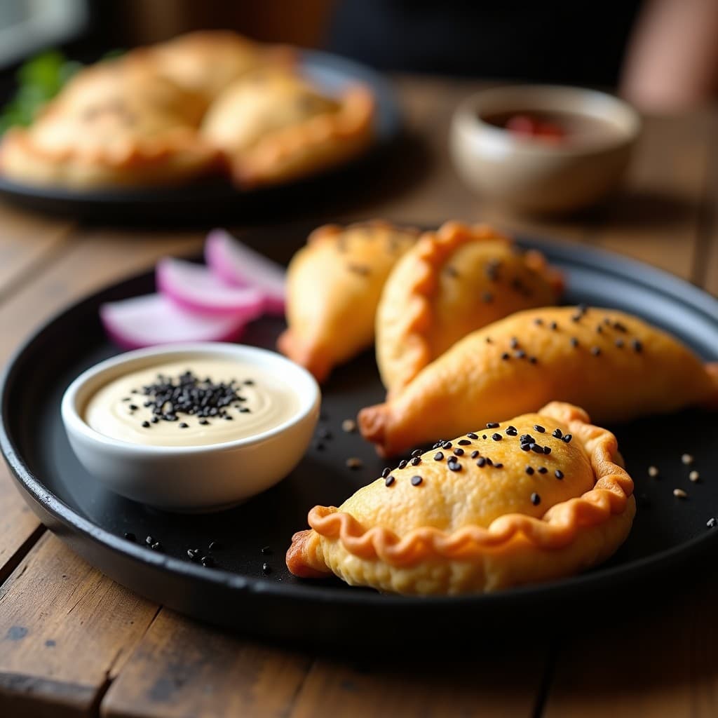 Empanadas doradas y crujientes de mijo con relleno de hongos shiitake, servidas en plato de madera con dip de miso cremoso espolvoreado con semillas de sésamo, acompañadas de láminas de jengibre fresco y cebolla morada.