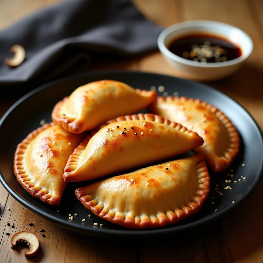 Empanadas doradas y crujientes de mijo rellenas de hongos shitake, servidas en un plato de cerámica negra con salsa de sésamo espesa y semillas de sésamo negro esparcidas. Receta japonesa en airfryer.