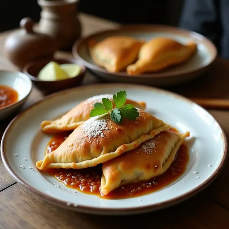 Empanadas doradas y crujientes de mijo rellenas de hongos shitake, dispuestas en una fuente de cerámica blanca con semillas de sésamo por encima, receta vegana y sin gluten hecha en Thermomix.