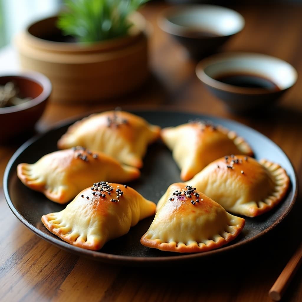 Empanadas japonesas de mijo doradas en forma de media luna, rellenas de hongos shiitake y tofu, servidas en plato de cerámica oscura con semillas de sésamo negro espolvoreadas y algas nori como decoración. Receta de empanadas de mijo rellenas de hongos shiitake y tofu en olla lenta.