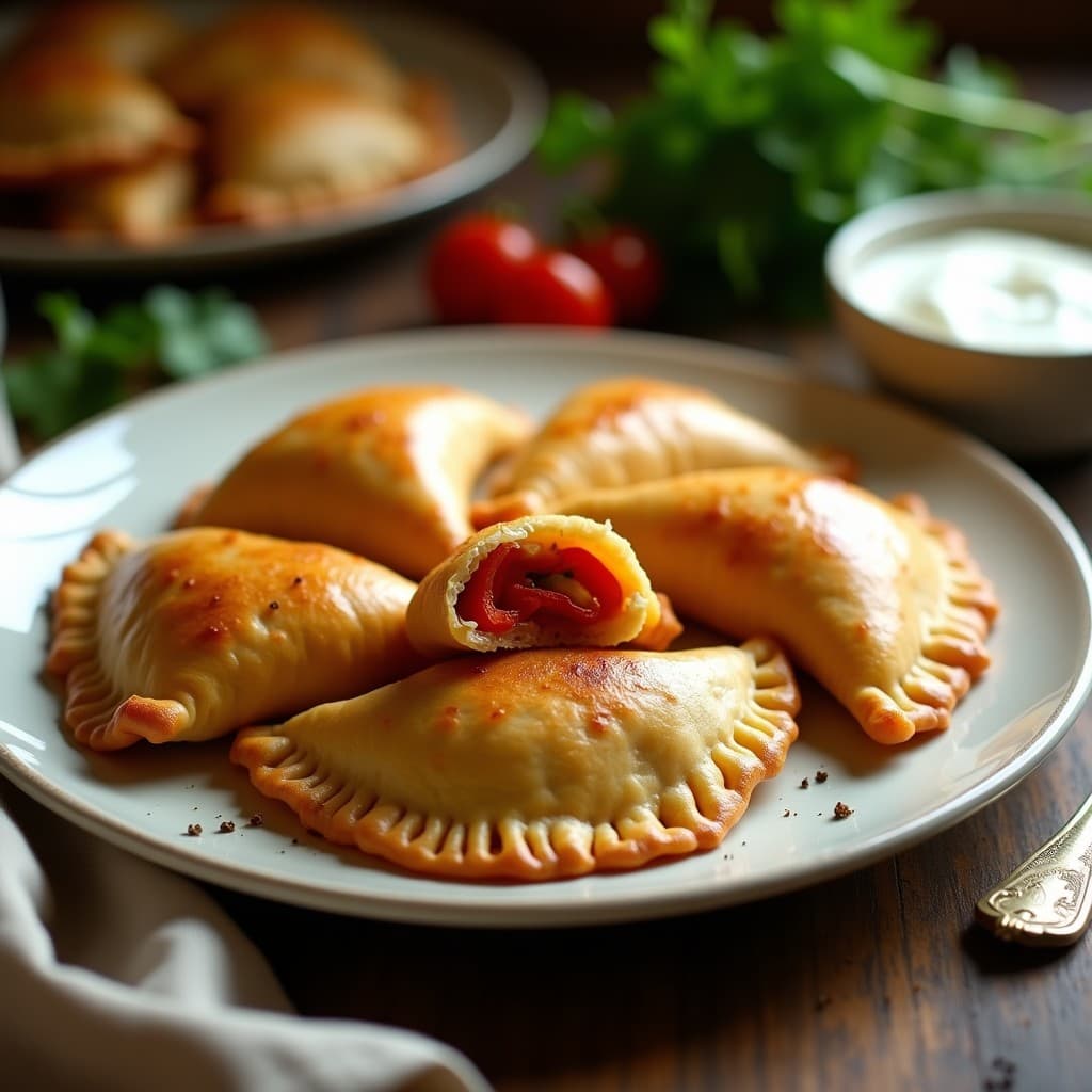 Empanadas doradas y crujientes de mijo rellenas de pimiento asado y queso halloumi, servidas en un plato de cerámica blanca con hierbas frescas y un fondo rústico de madera, receta en Airfryer sin harina de trigo.