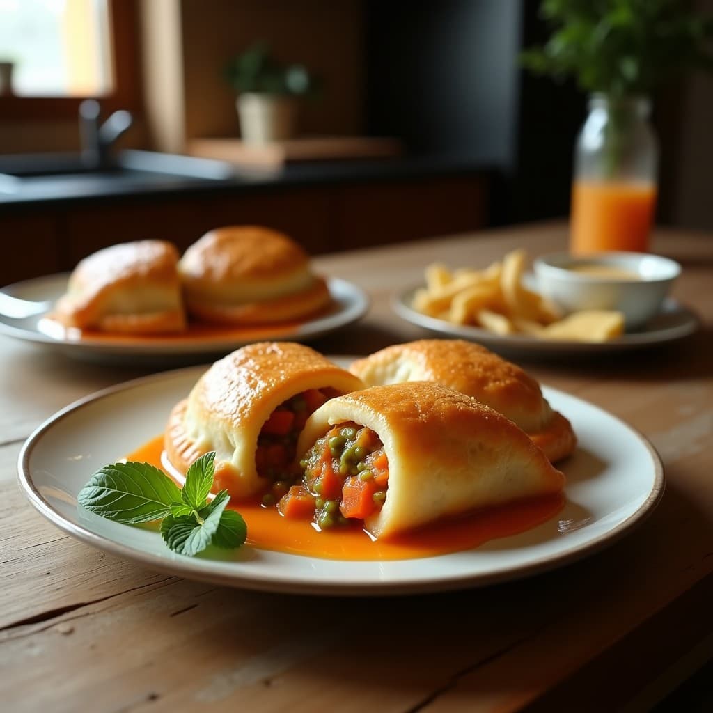 Empanadas doradas de mijo rellenas de congrio frito, con bordes perfectamente sellados y un relleno jugoso visible al cortarlas. Servidas en un plato rústico de barro con cilantro fresco y merquén espolvoreado, destacando el toque costero chileno.