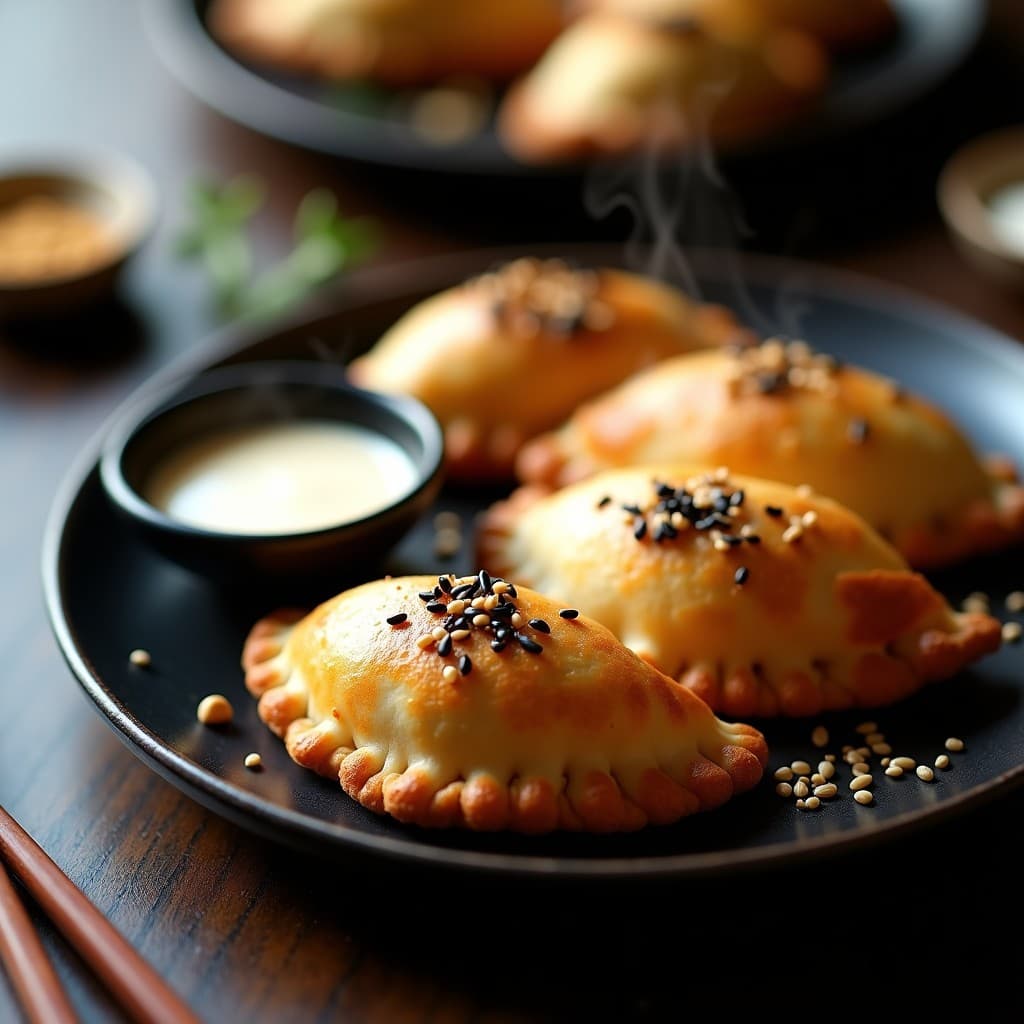 Empanadas japonesas doradas en forma de media luna con masa de coliflor crujiente, rellenas de miso y hongos shiitake, espolvoreadas con semillas de sésamo negro, servidas en un plato de cerámica blanca sobre fondo rústico de madera.
