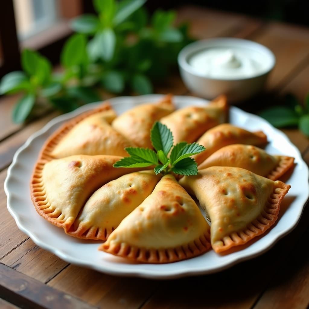 Empanadas veganas doradas de moringa y queso de semillas de girasol servidas en un plato de cerámica blanca, con un fondo rústico y hierbas frescas. Receta en olla exprés.