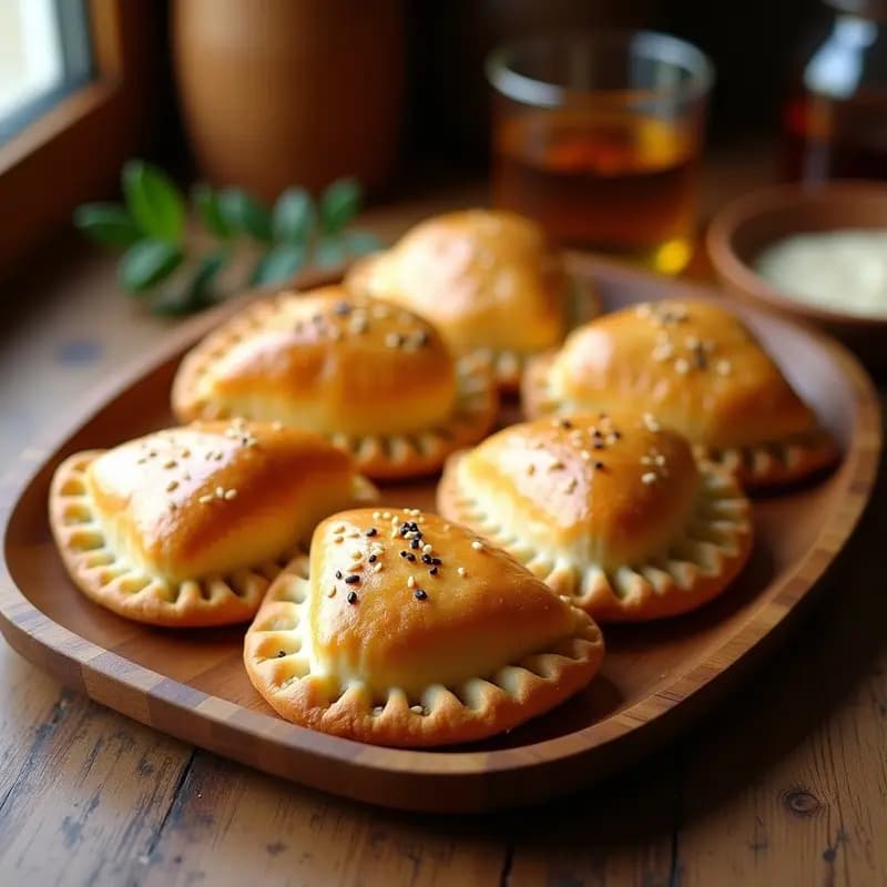 Empanadas morunas de atún y huevos duro con hojaldre casero dorado y crujiente, dispuestas en una bandeja de madera rústica con romero fresco y limones al fondo, receta tradicional española.