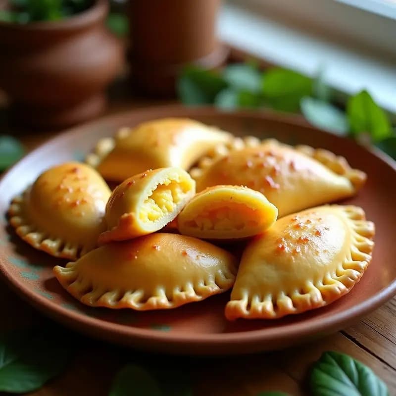 Empanadas doradas de masa de maíz con relleno de mote y quesillo, brillantes por el baño de miel, dispuestas en una bandeja de madera rústica con hojas de hierbabuena como decoración. Receta ecuatoriana tradicional con toque dulce.