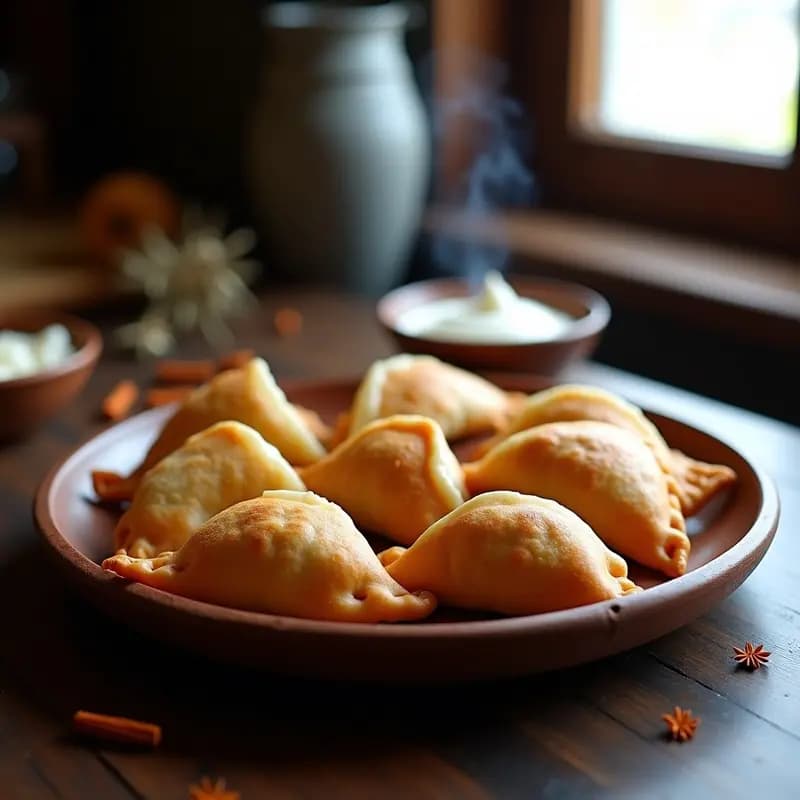 Empanadas doradas y crujientes de Mrozhong rellenas de carne de Yak, con especias del Himalaya, servidas en un plato de barro rústico sobre una mesa de madera oscura.
