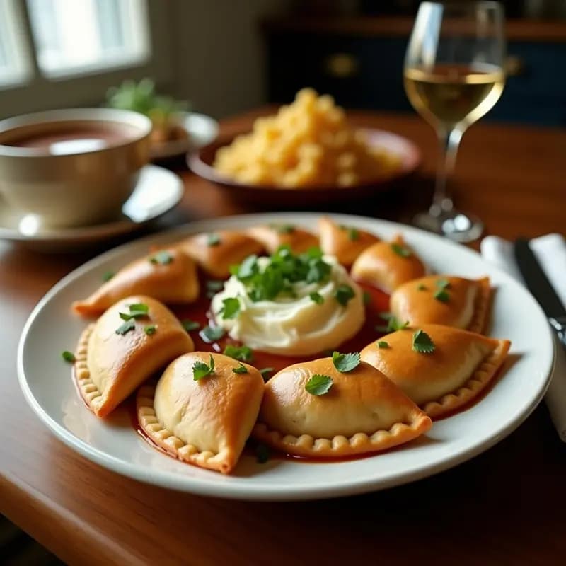 Empanadas de masa de ñame doradas y humeantes, rellenas de carne de res y aceitunas verdes, servidas en un plato de barro rústico con fondo de tela a cuadros. Receta venezolana en olla exprés.