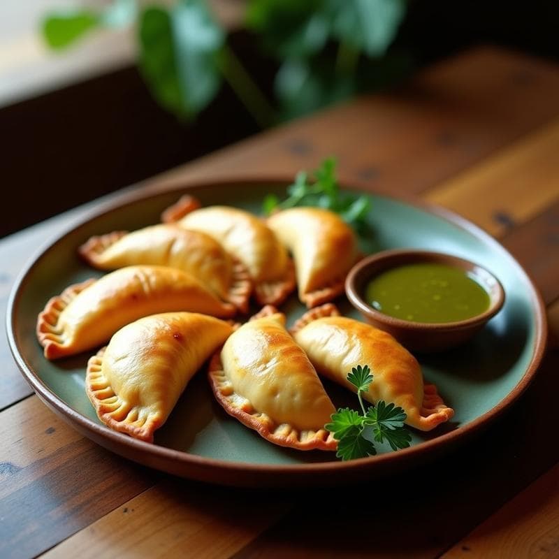 Empanadas doradas de masa de ñame rellenas de carnitas de hongos, servidas en un plato de barro con salsa verde al lado. Receta puertorriqueña sin gluten, textura crujiente y relleno jugoso.