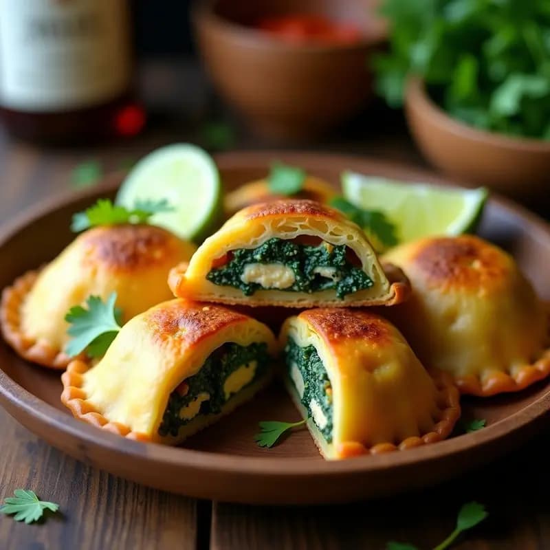 Empanadas dominicanas veganas de masa de ñame dorada, rellenas de espinaca y tofu, servidas en un plato de madera rústico con hojas de cilantro fresco y rodajas de limón al lado.