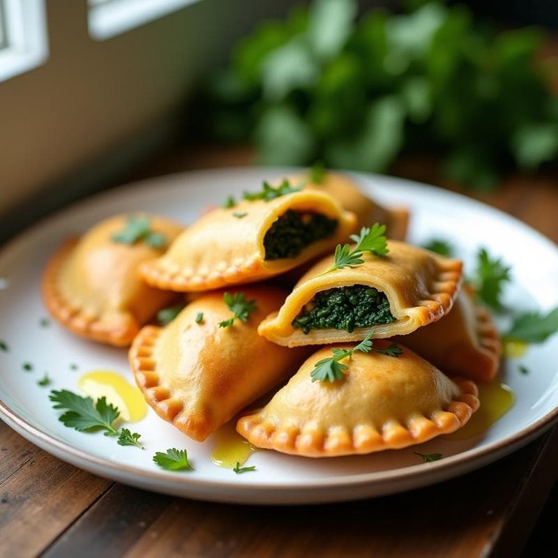 Empanadas doradas de masa de ñame rellenas de espinacas y tofu, servidas en un plato de cerámica blanca con un fondo rústico de madera y hierbas frescas. Receta vegana en olla exprés.