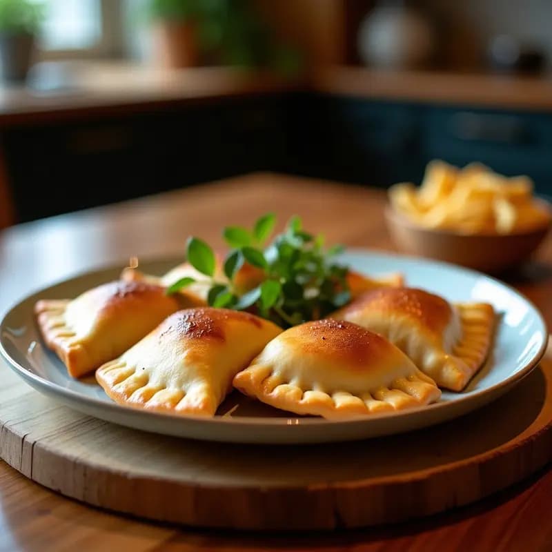 Empanadas doradas de masa de ñame rellenas de merluza y pimientos, crujientes por fuera, servidas en un plato de madera con hojas de perejil fresco y un fondo rústico.