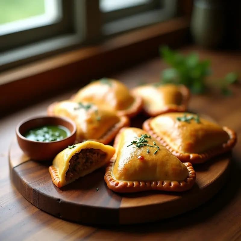 Empanadas argentinas de carne de ñandú y chimichurri sin gluten, doradas y crujientes, servidas en bandeja de madera con hierbas frescas y salsa chimichurri al lado.