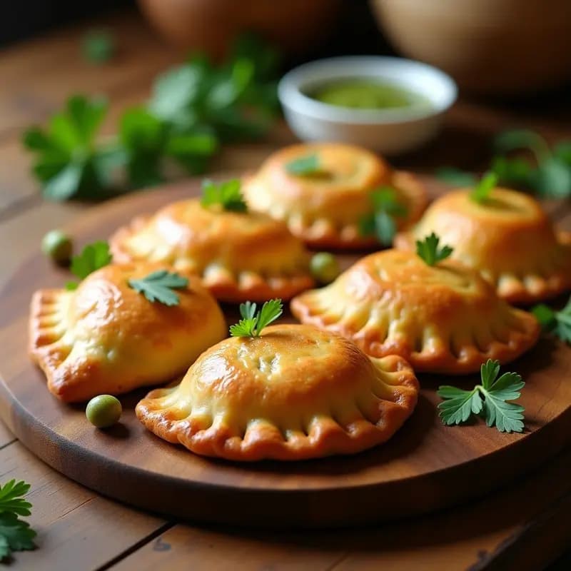 Empanadas canarias doradas y crujientes rellenas de pargo rojo y aceitunas verdes, servidas en una bandeja de madera rústica con hierbas frescas.