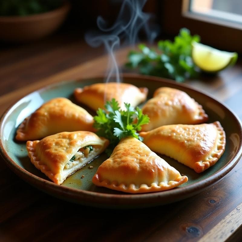 Empanadas doradas y crujientes rellenas de pescado blanco y algas wakame, dispuestas en un plato de madera con rodajas de limón y perejil fresco, receta en olla express con sabores del Pacífico.