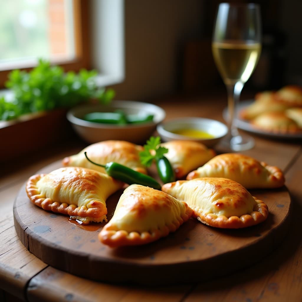 Empanadas doradas y crujientes de pescado blanco y pimiento del Padrón sobre una tabla de madera rústica, con trozos de pimiento asado visibles en el relleno y un toque de perejil fresco espolvoreado.