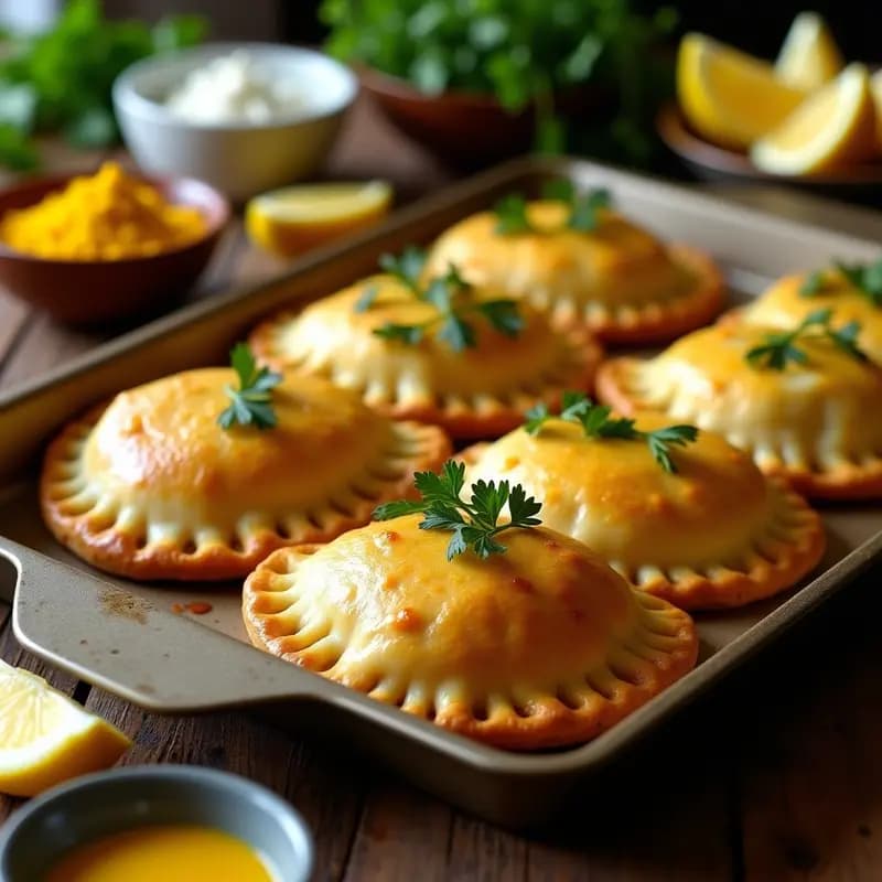 Empanadas argentinas de pescado y cúrcuma al horno con masa integral, doradas y crujientes, dispuestas en una bandeja de madera rústica con hojas de perejil fresco.
