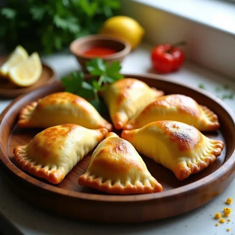 Empanadas brasileñas doradas de masa de cassava rellenas de pescado y cúrcuma, servidas en una bandeja de madera con hojas de cilantro fresco y rodajas de limón al lado. Receta sin gluten y alta en omega-3.