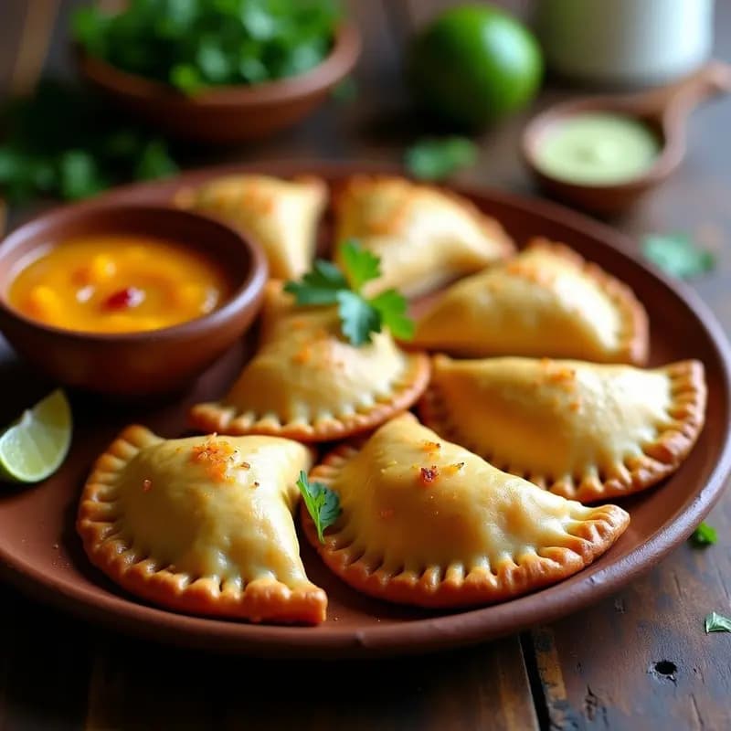 Empanadas doradas y crujientes de pescado sin harina, servidas en un plato de barro rústico, acompañadas de una vibrante salsa de mango y chile de color naranja intenso. Decoradas con hojas de cilantro fresco y rodajas de limón verde al lado, destacando su textura dorada y el contraste de colores.