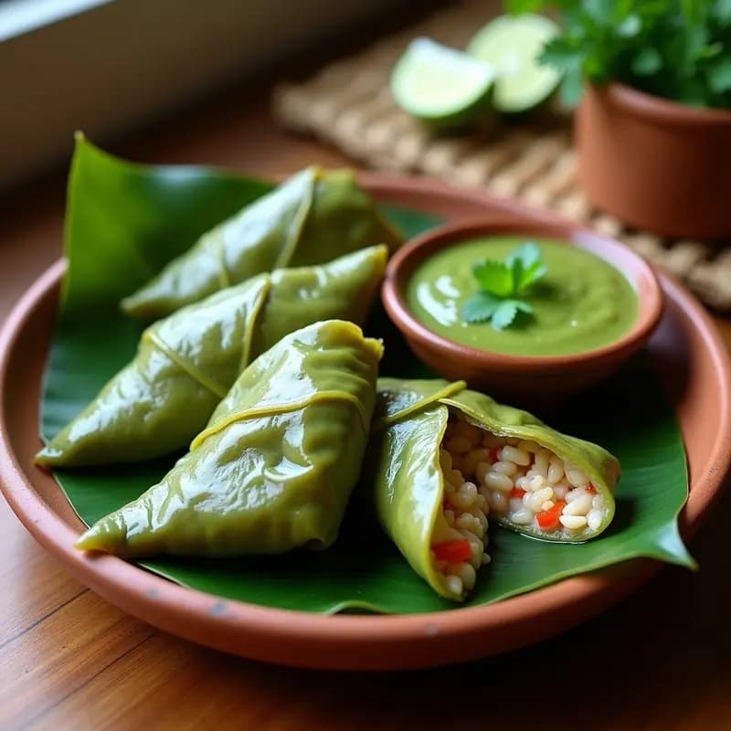 Empanadas de pescado al vapor envueltas en hoja de plátano, abiertas para mostrar el relleno jugoso de merluza con cebolla morada y zanahoria, acompañadas de salsa verde de lima y cilantro, sobre un plato de madera rústico con rodajas de lima.