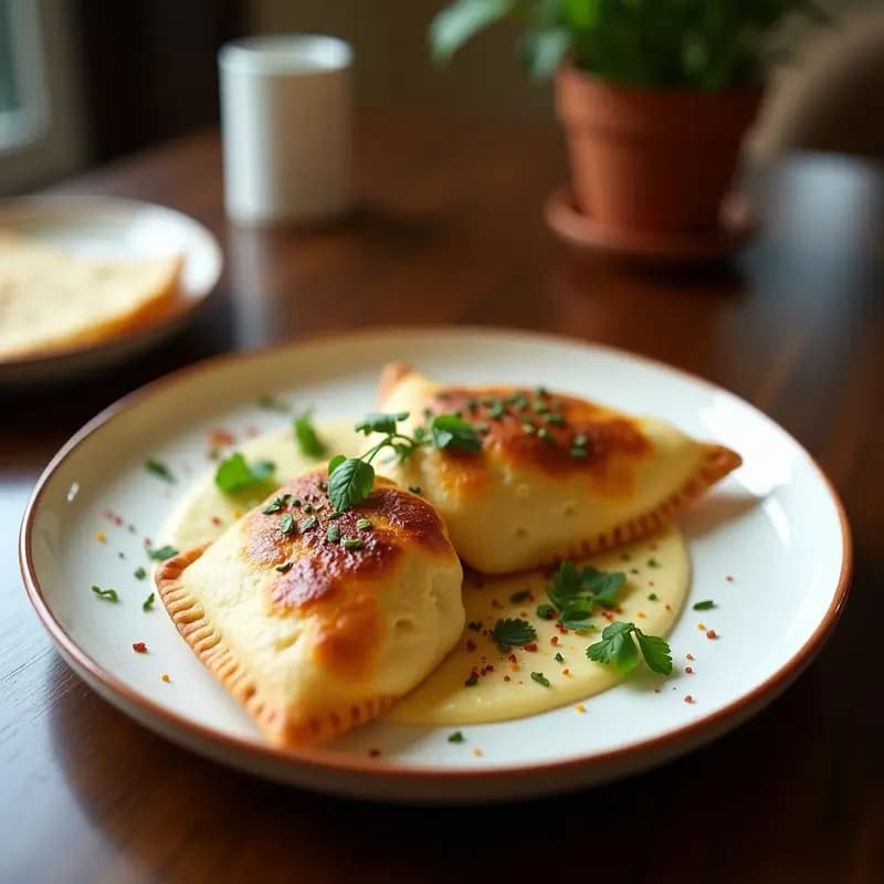 Empanadas de pescado al vapor con masa de tapioca y hierbas provenzales servidas en un plato de cerámica blanca, con un fondo de hierbas frescas y rodajas de limón.