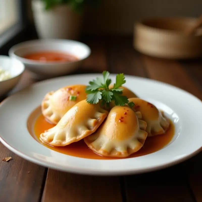 Empanadas de pescado al vapor con salsa de jengibre, receta china saludable servidas en plato de cerámica blanca con vapor visible, decoradas con semillas de sésamo y cilantro fresco, acompañadas de salsa dorada en cuenco pequeño.