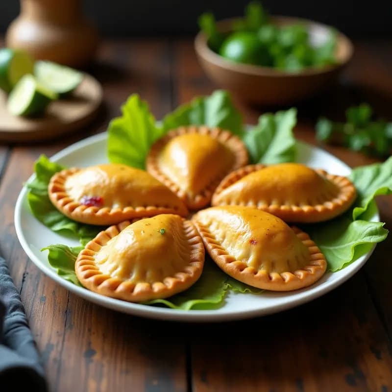 Empanadas doradas y crujientes de masa de yuca rellenas de pescado en salsa de ají amarillo, servidas sobre hojas de lechuga romana con fondo de madera rústica. Receta peruana sin trigo alta en proteína.