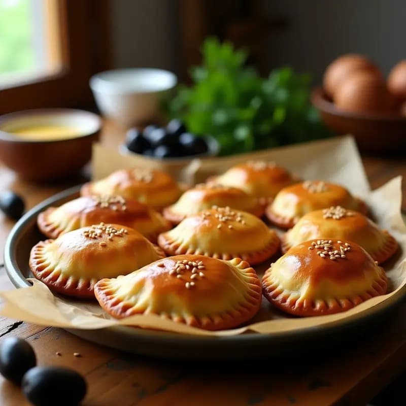 Empanadas de pino argentinas doradas y crujientes, recién horneadas, con bordes bien sellados y rellenas de carne jugosa, huevo picado y aceitunas. Servidas en una bandeja de madera rústica con hierbas frescas de decoración.
