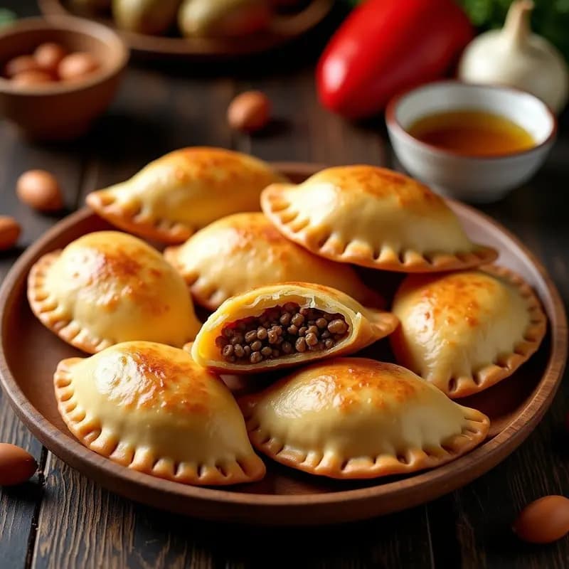 Empanadas doradas y crujientes de masa de yuca rellenas de pino argentino, con bordes bien sellados y un aspecto jugoso. Plato tradicional sin TACC y alto en fibra, servido en una fuente de madera rústica.
