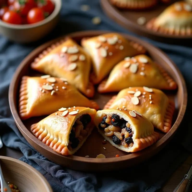 Empanadas chilenas veganas doradas y crujientes rellenas de carnaza de hongos portobello, aceitunas negras y especias, servidas en un plato de barro con pebre y hojas de cilantro fresco.