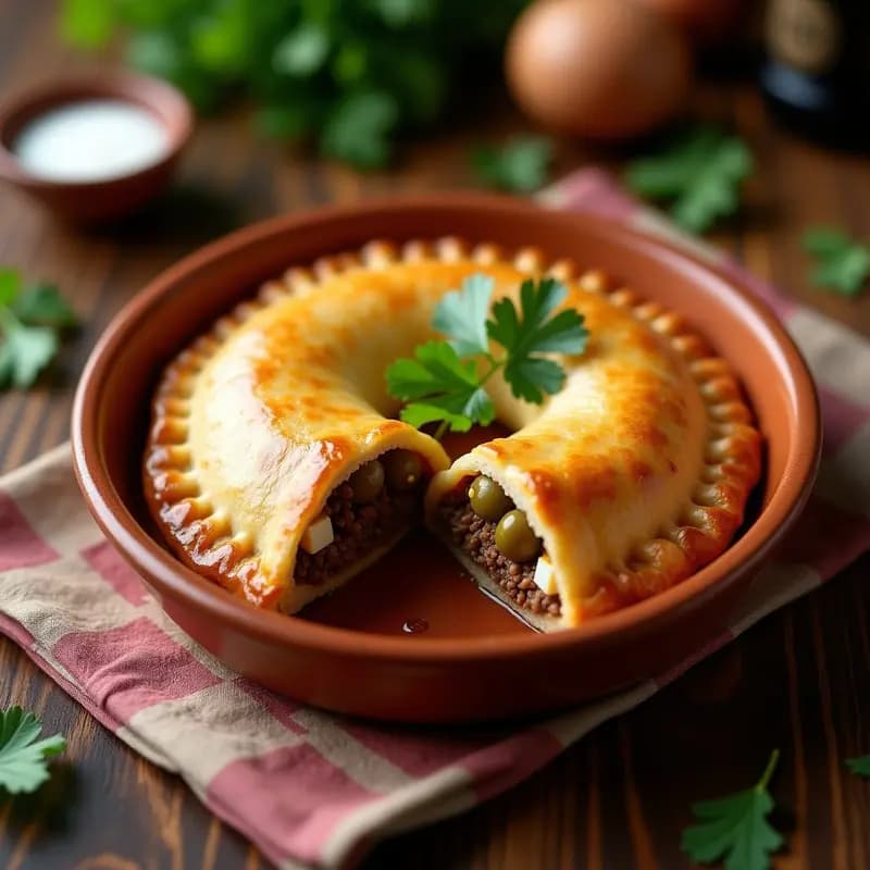 Empanadas chilenas de pino con huevo duro recién horneadas, doradas y crujientes, dispuestas en una bandeja de madera rústica con hojas de perejil fresco y un bol de pebre al lado.