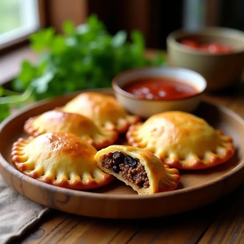 Empanadas de pino chilenas doradas y crujientes con masa de maíz sin gluten, rellenas de carne, aceitunas y huevo duro, servidas sobre un plato de madera rústico con hierbas frescas al lado.