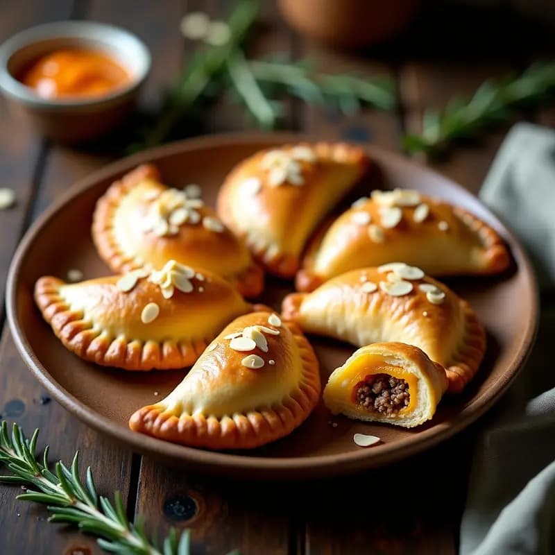 Empanadas doradas y crujientes rellenas de pino, membrillo y queso brie, servidas en un plato de madera rústico con almendras fileteadas y hierbas frescas, receta chilena en airfryer con toques franceses.