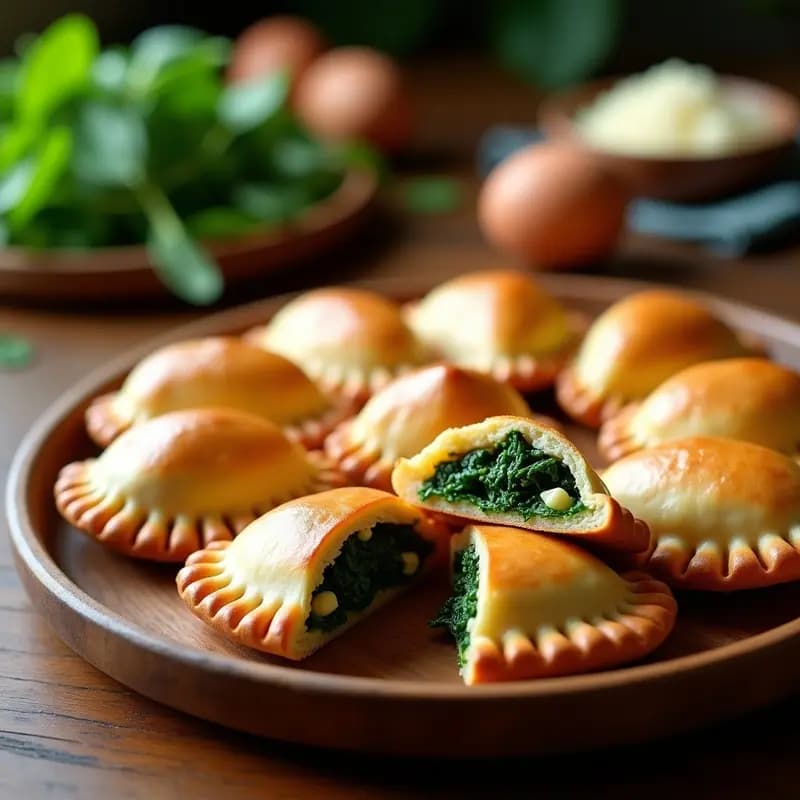 Empanadas doradas de masa integral rellenas de espinacas y huevo, con bordes bien sellados, servidas en una bandeja de madera rústica con hierbas frescas al lado. Receta de empanadas de pino con pascualina argentina.