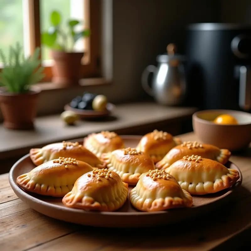 Empanadas de pino chileno con masa integral doradas y crujientes, rellenas de picadillo de carne, huevo, aceitunas y pasas, cocinadas en airfryer sobre un plato de madera rústico.